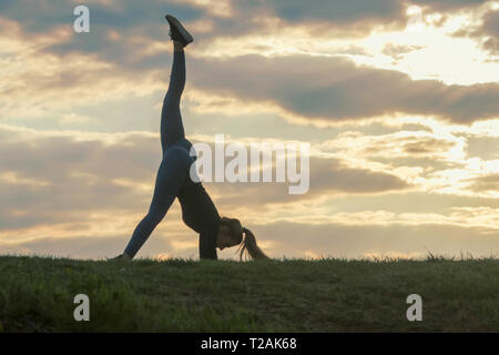 Giovane donna facendo appoggiate sull'erba mattina allenamento bellissima alba Foto Stock