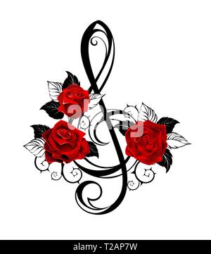 Contorno nero, chiave musicale con realistica rose rosse con foglie di colore nero su sfondo bianco. Lo stile di tatuaggio. Illustrazione Vettoriale