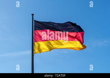 Germania: bandiera della Germania unificata di fronte al parlamento tedesco a Berlino. Foto dal 18 marzo 2019. | Utilizzo di tutto il mondo Foto Stock