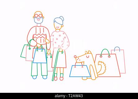 Vecchia coppia cane e tenere le borse della spesa con acquisti. Linea stile fumetto illustrazione vettoriale. Illustrazione Vettoriale