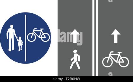 Cartello stradale, pedonale e ciclista, illustrazione vettoriale icona. Circolare di cartello blu. Immagine bianca su massicciata. bianco silhouette di persone, uomo Illustrazione Vettoriale