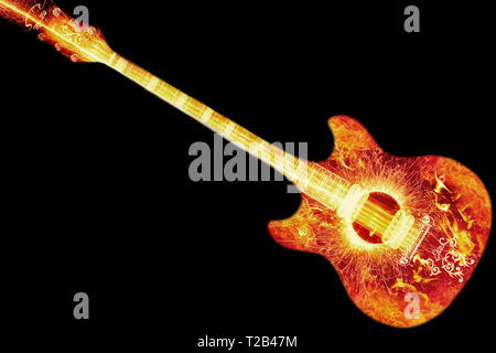 La chitarra acustica nel fuoco. Illustrazione della chitarra acustica in elementi isolati su sfondo nero. Alta risoluzione la chitarra acustica nel fuoco. Foto Stock