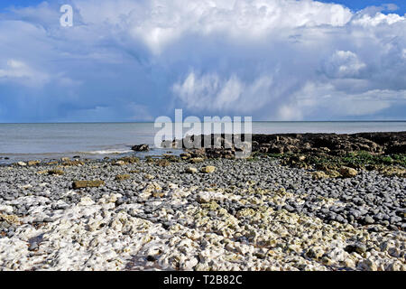 Sale coperte di ciottoli sulla spiaggia con un drammatico cielo nuvoloso al di sopra del mare . Foto Stock