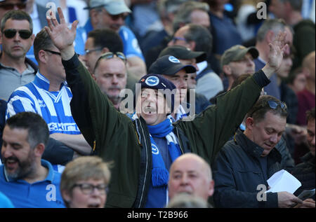 Brighton il canto della ventola durante la Premier League inglese match tra Brighton Hove Albion e Southampton all'Amex Stadium di Brighton. 30 marzo 2019 Photo James Boardman / teleobiettivo e immagini solo uso editoriale. Nessun uso non autorizzato di audio, video, dati, calendari, club/campionato loghi o 'live' servizi. Online in corrispondenza uso limitato a 120 immagini, nessun video emulazione. Nessun uso in scommesse, giochi o un singolo giocatore/club/league pubblicazioni. Foto Stock