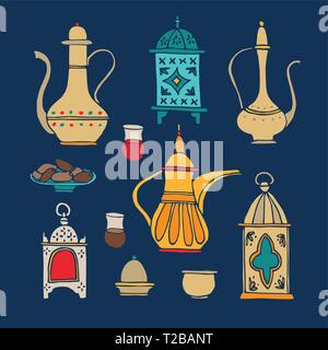 Set di disegnati a mano iftar cena icone. Teiera araba, tazza di caffè, piastra con data di frutta e lanterne ornamentali per vacanza musulmana del Ramadan Kareem Illustrazione Vettoriale