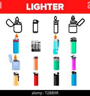 Accendino Imposta icona Vettore. Strumento di gas. Accendino di tabacco icone. La masterizzazione di oggetto. Accessorio di plastica. Linea piatta, illustrazione Illustrazione Vettoriale