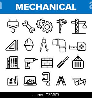 Linea di ingegneria Imposta icona Vettore. Disegno tecnico. Ingegneria Meccanica icone. Industriale di produzione di fabbrica. Profilo sottile Web Illustrazioni Illustrazione Vettoriale