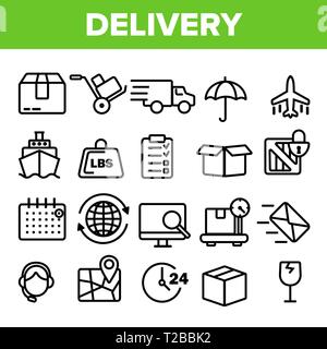 Linea di erogazione Imposta icona Vettore. Veloce servizio di trasporto. Consegna 24 Supporto Logistico delle icone. Ordine Express. Profilo sottile Web Illustrazioni Illustrazione Vettoriale