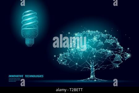 Fluorescente lampada eco tree risparmiare energia concetto. Bassa poli 3D della lampadina della luce ambiente idea ecologia soluzione. Natura pianeta economia potenza vettore Illustrazione Vettoriale