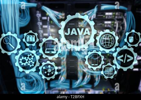 Java Programming concept. Macchina virtuale. Sulla sala server sfondo. Foto Stock