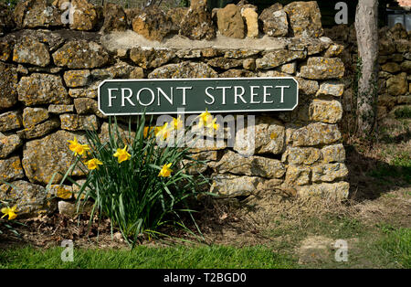 Fronte strada segno con narcisi in primavera, Ilmington, Warwickshire, Inghilterra, Regno Unito Foto Stock