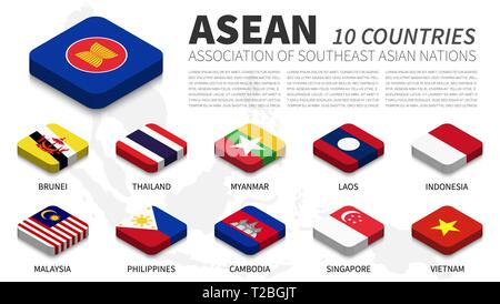 Bandiera dell'ASEAN e l'appartenenza e il sud est asiatico lo sfondo della mappa . Isometrica design superiore . Vector . Illustrazione Vettoriale