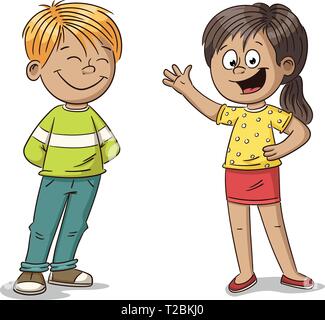 Happy cartoon un ragazzo e una ragazza, mano disegnare illustrazione vettoriale. Illustrazione Vettoriale