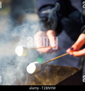 Una ragazza detiene due marshmallows su bastoni di legno su un falò per la cottura a vapore nel braciere. Dessert picnic Foto Stock