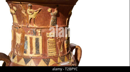 Close up Inandik Hittita decorate in rilievo culto libagione vaso decorato con un uomo e donna di figure a rilievo colorate di crema, il rosso e il nero pla Foto Stock