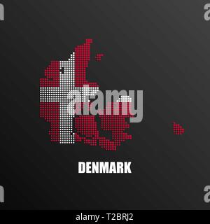 Illustrazione Vettoriale di mezzitoni astratta Mappa di Danimarca fatta di pixel quadrati con danese bandiera nazionale di colori per il tuo design Illustrazione Vettoriale