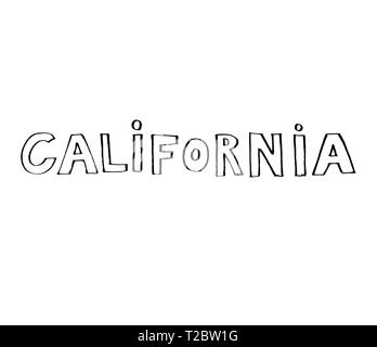 Tipografia slogan con foglie tropicali. Disegnata a mano in California per t shirt stampa. Foto Stock