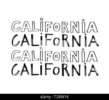 Tipografia slogan con foglie tropicali. Disegnata a mano in California per t shirt stampa. Foto Stock