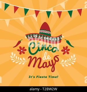 Cinco de Mayo holiday social media post promozionale con colorati sombrero e testo Illustrazione Vettoriale