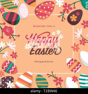 Felice Pasqua auguri card e social media post con uova e fiori colorati Illustrazione Vettoriale