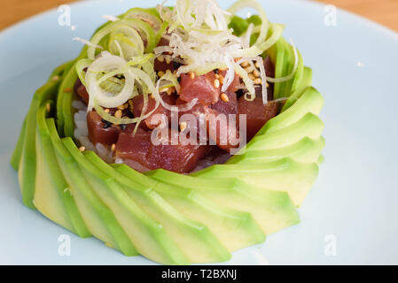 Tartare di tonno rosso carne su un letto di riso, guarnite con fette di avocado e sottili fette di porri, in bianco e nero salsa di sesamo su un bianco p Foto Stock