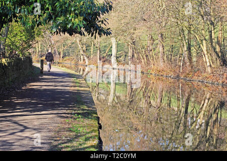 L uomo si prende la primavera a piedi lungo Rochdale canal, Mytholmroyd Foto Stock