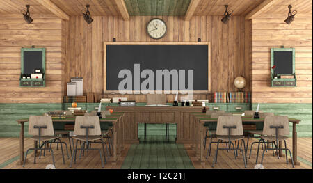 In aula in legno in stile retrò con banco di scuola senza studente - 3d rendering Foto Stock