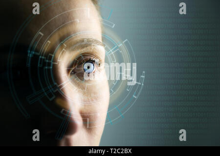 Alte tecnologie in futuro. Giovane donna's eye e high-tech di concetto, augmented reality display, wearable computing Foto Stock