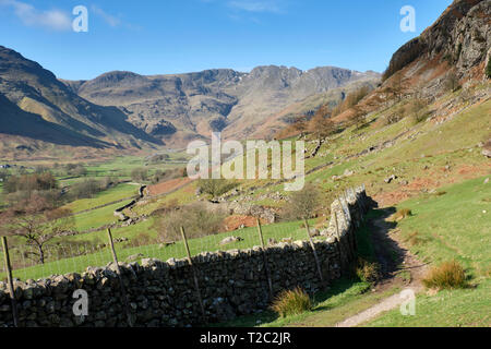 Guardando lungo Langdale verso Crinkle Crags, Langdale, Lake District, Cumbria Foto Stock