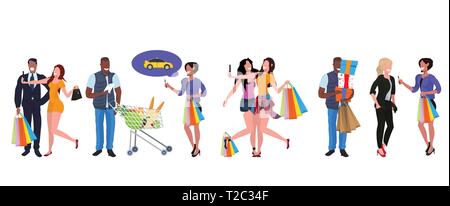 Mix corsa persone con colorati borse per lo shopping e il carrello della spesa in piedi insieme grande vendita concetto uomini donne i clienti azienda acquisti cartoon Illustrazione Vettoriale
