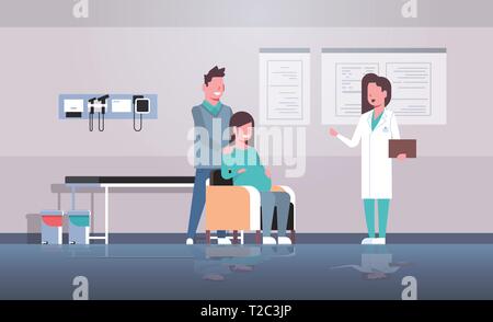 Il marito con la moglie incinta femmina visita medico ginecologo conducendo la gravidanza ginecologia consultazione moderno concetto di Hospital Clinic interno Illustrazione Vettoriale