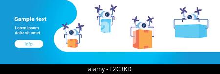 Aria fuchi che trasportano express automatica dei pacchetti di gestione logistica concetto moderno magazzino quadcopters battenti con scatola piatta orizzontale dello spazio di copia Illustrazione Vettoriale
