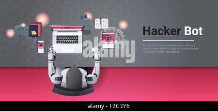 Robot hacking dispositivi digitali hacker bot concetto di privacy dei dati attacco internet information security intelligenza artificiale angolo superiore desktop Illustrazione Vettoriale