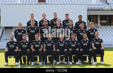 Londra, Inghilterra. 01 APRILE 2019: Surrey Team photocall presso il Surrey County Cricket Club media day, la Kia ovale, Londra, Regno Unito. Credito: Lo sport europeo Agenzia fotografica/Alamy Live News Foto Stock