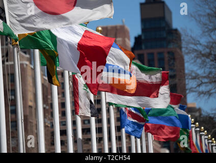 New York, Stati Uniti d'America. 1 Aprile, 2019. Bandiere di vari stati volare davanti al palazzo delle Nazioni Unite. Per la prima volta, la Germania assume la presidenza del Consiglio di sicurezza. Credito: Ralf Hirschberger/dpa/Alamy Live News Foto Stock