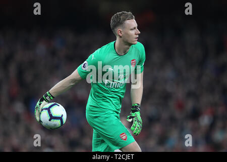 Londra, Regno Unito. 1 apr, 2019. Bernd Leno di Arsenal durante il match di Premier League tra Arsenal e Newcastle United presso l'Emirates Stadium, Londra lunedì 1 aprile 2019. (Credit: Mark Fletcher | MI News) solo uso editoriale, è richiesta una licenza per uso commerciale. Nessun uso in scommesse, giochi o un singolo giocatore/club/league pubblicazioni. La fotografia può essere utilizzata solo per il giornale e/o rivista scopi editoriali. Credito: MI News & Sport /Alamy Live News Foto Stock