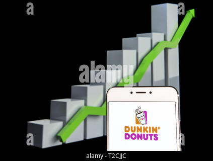 Hong Kong. 10 Febbraio, 2019. In questa foto illustrazione di una multinazionale americana di caffè e snack a catena" Dunkin Donuts logo è visibile su un androide dispositivo mobile con un'ascesa grafico di crescita in background. Credito: Budrul Chukrut SOPA/images/ZUMA filo/Alamy Live News Foto Stock