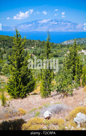 Estate costiera paesaggio con cipressi. Zante, isola greca nel Mar Ionio Foto Stock