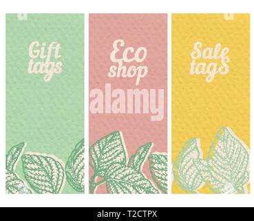 Vettore a trama della carta banner impostato con foglie realizzate in carta riciclata per negozi di organico Illustrazione Vettoriale
