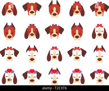 Set di grandi dimensioni delle facce del cane con un inchino. Illustrazione Vettoriale
