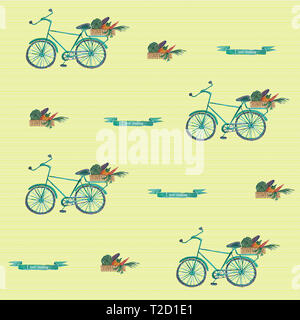 Acquerello seamless pattern witn bici e cesto di verdure. Segno bordo mi piace cucinare. Foto Stock