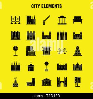 Elementi di città glifo solido set di icone per Infographics, Mobile UX/UI Kit e print design. Includono: auto, veicolo, Viaggi, trasporti, Fontana, acqua Sho Illustrazione Vettoriale