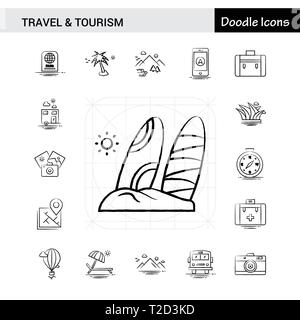 Set di 17 viaggi e turismo disegnati a mano icona impostare Illustrazione Vettoriale