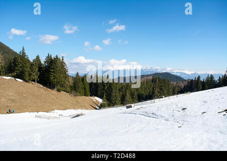 Escursioni a piedi lungo la strada che da Zarnesti a Piatra Craiului mountains, in Romania. Foto Stock