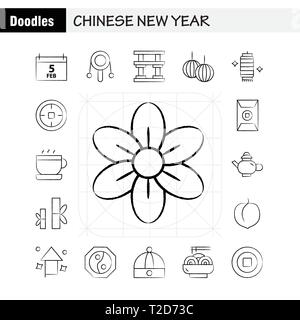 Anno Nuovo Cinese disegnati a mano Icon Pack per i progettisti e gli sviluppatori. Le icone del calendario, Feb, Mese calendario cinese, Nuovo, giocattolo, Anno, vettore Illustrazione Vettoriale