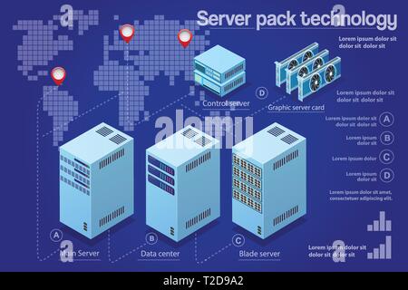 Computer 3D isometrica Pc di un server elettronico del Cloud Tech rete connette il pagamento tecnologie per il business. Digital Video scheda grafica Bitco Chip Illustrazione Vettoriale