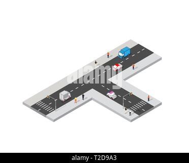 Prospettiva isometrica strada vista da sopra al quartiere della città dell'autostrada intersezione vetture di trasporto su strada del paesaggio urbano e con le persone, t Illustrazione Vettoriale