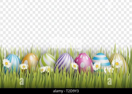 Pasqua sfondo con realistiche in 3d uova colorate, e daisy fiori su sfondo trasparente. Illustrazione Vettoriale. Illustrazione Vettoriale