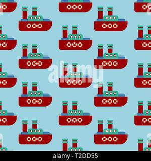 Piroscafo pattern seamless stile cartoon . Sullo sfondo della nave. Vector Baby Texture di tessuto Illustrazione Vettoriale