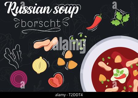 Borscht ricetta. Zuppa di russo. Cottura della zuppa con ingredienti. Uno stile piatto illustrazione. Illustrazione Vettoriale. Illustrazione Vettoriale